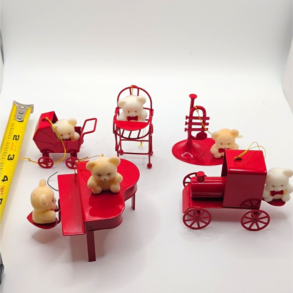 5 Vintage Hallmark Keepsake Miniature Ornaments Flocked Teddy Bears Metal Toys